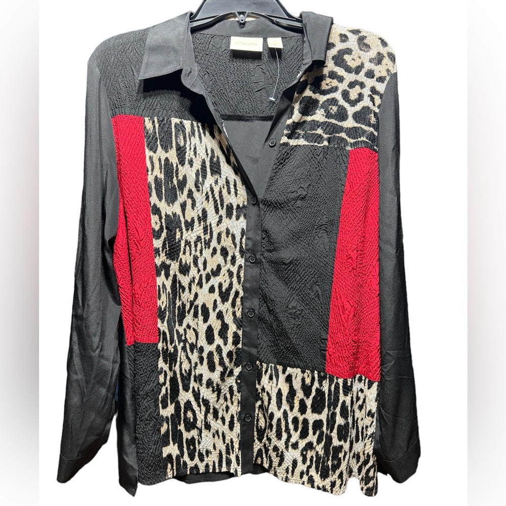 Chico's Mixed Media Leopard Patchwork Crinkle Button Down Shirt Black Red Size 2